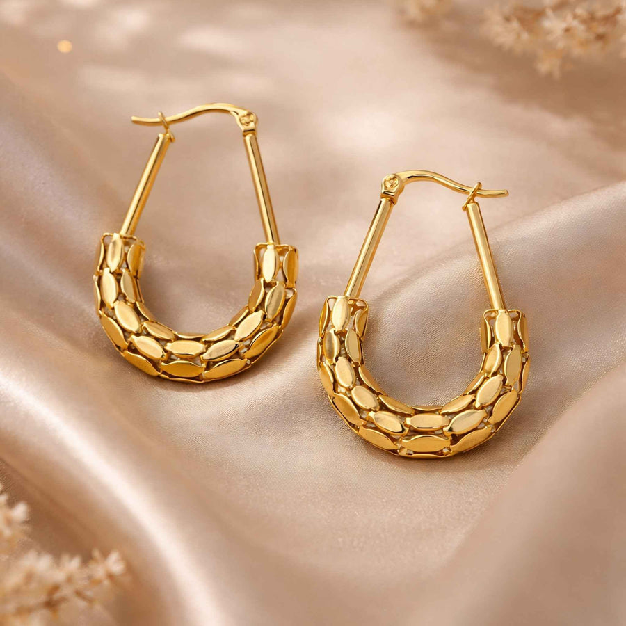 Scale Texture Teardrop Hoop Earrings – Multi-Row Pebble Gold Hoops | Anti-Tarnish Korean Jewellery | Sajna Sawarnaa