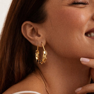 Multi-row pebble gold teardrop hoop earrings for women by SAJNA SAWARNAA featuring textured scale design and anti-tarnish finish.