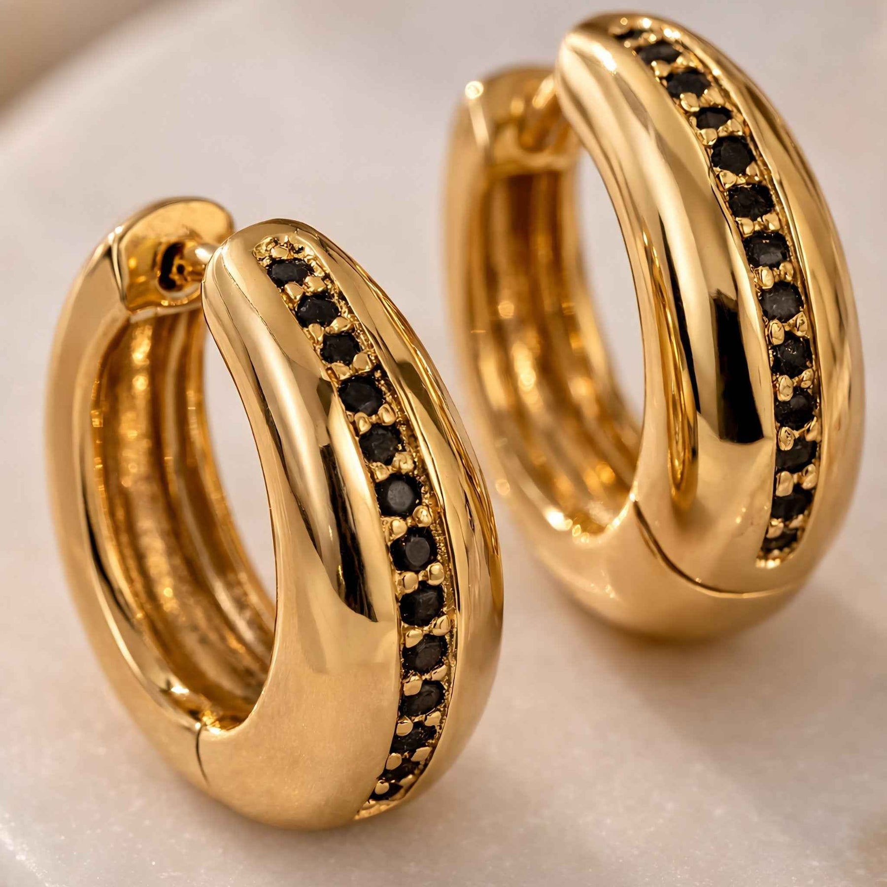 Noir Luxe Black Enamel Gold Hoop Earrings | Elegant Statement Hoops | Anti-Tarnish Jewellery | Sajna Sawarnaa