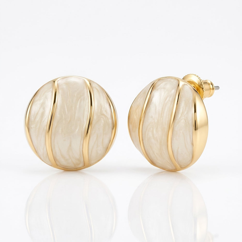Ivory pearl dome stud earrings by Sajna Sawarnaa, gold ridge design, Korean jewelry for women, anti-tarnish finish.