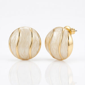 Ivory pearl dome stud earrings by Sajna Sawarnaa, gold ridge design, Korean jewelry for women, anti-tarnish finish.