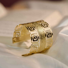 Royal Gold Statement Cuff Bracelet for Women | Greek Pattern Wide Kada | Premium Party Wear Jewelry
