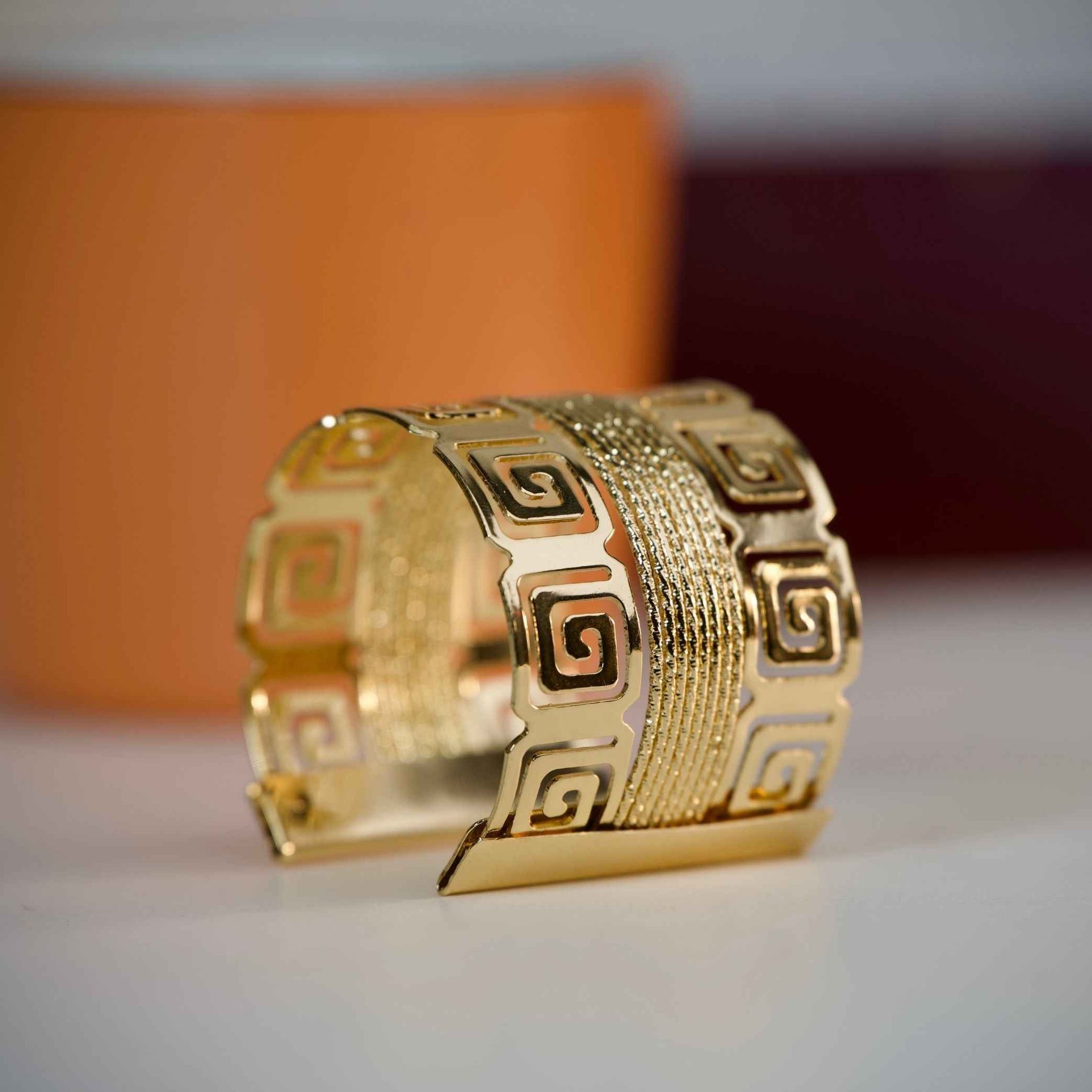 Royal Gold Statement Cuff Bracelet for Women | Greek Pattern Wide Kada | Premium Party Wear Jewelry