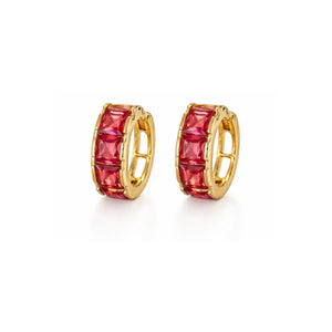 Luxury ruby pink crystal hoop earrings with gold plated finish on white background