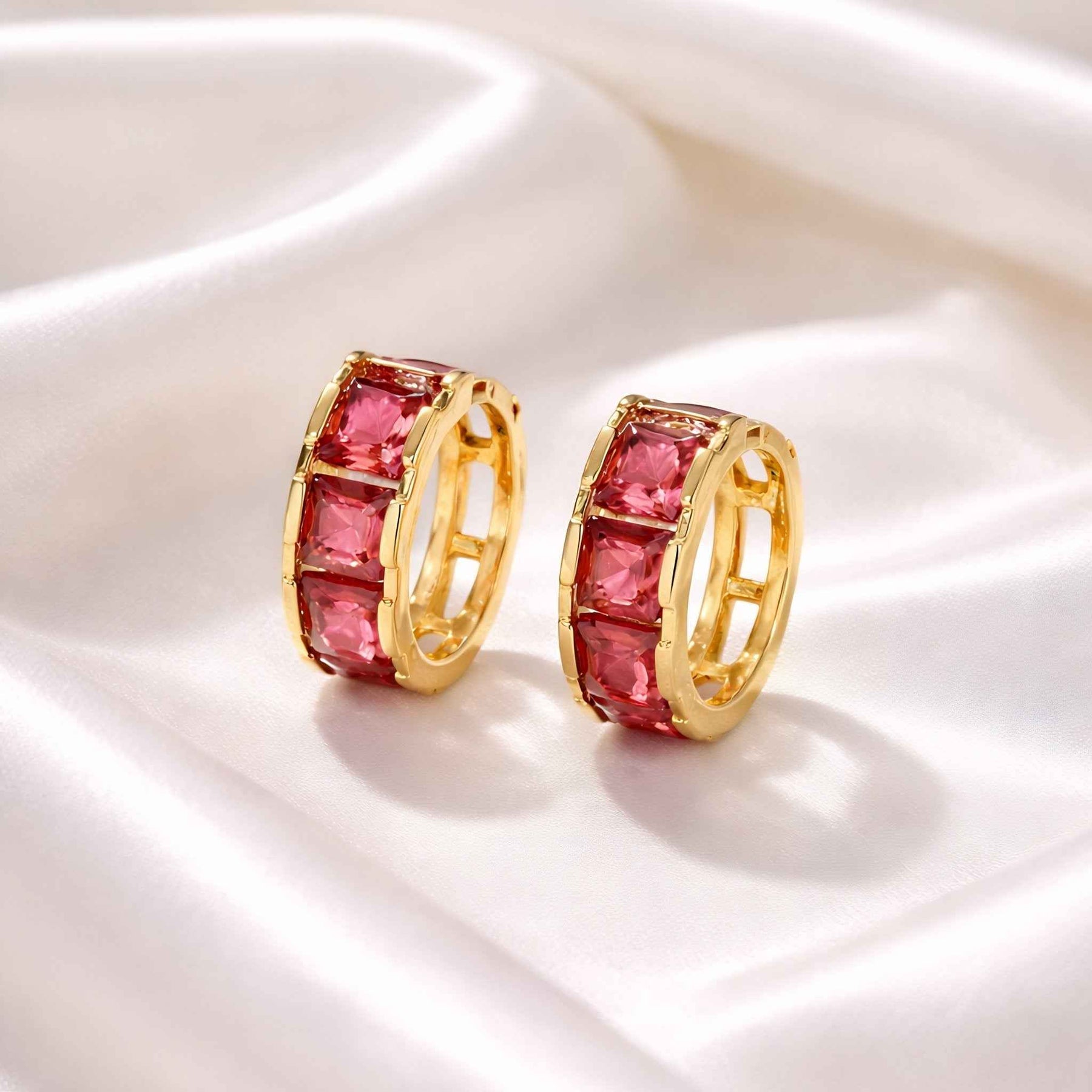 Ruby Glow Crystal Huggie Hoop Earrings | Sparkling CZ Gold Huggies | Anti-Tarnish Korean Jewellery | Sajna Sawarnaa
