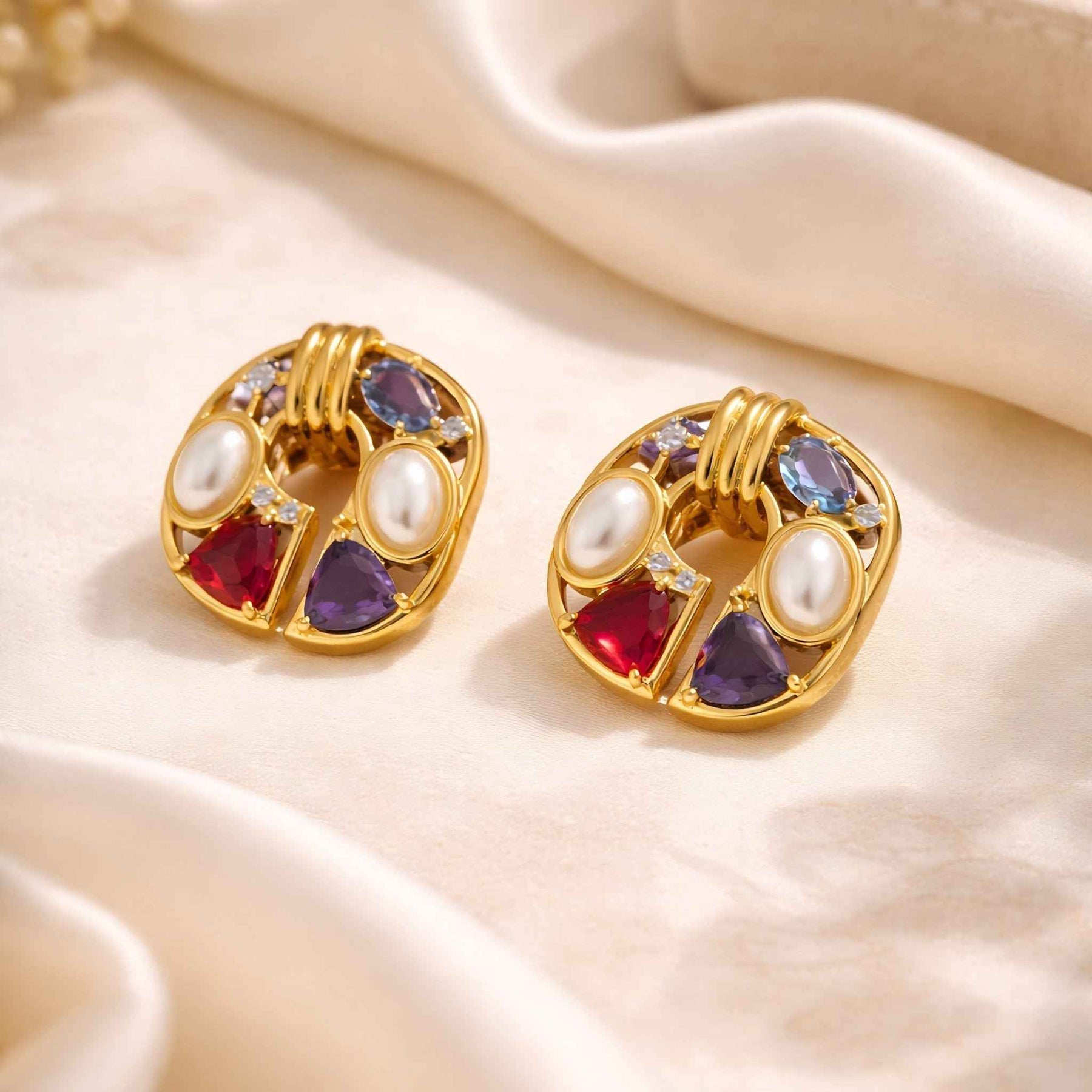 Vintage Gem & Pearl Statement Earrings | 18K Gold Plated