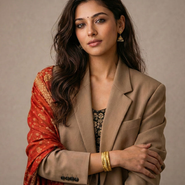 Women’s gold wide cuff bracelet by Sajna Sawarnaa featuring a textured design for stylish everyday wear.