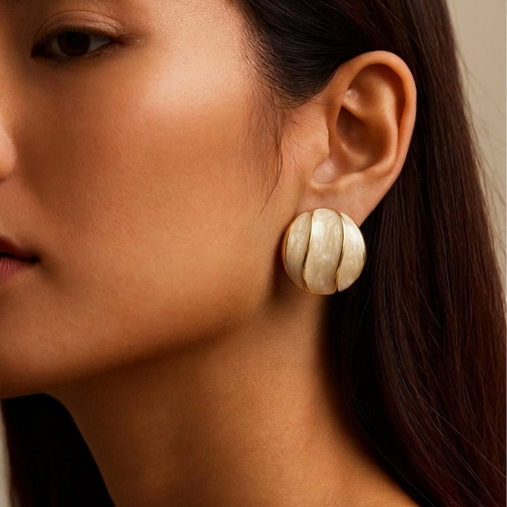 Ivory pearl dome stud earrings by Sajna Sawarnaa, gold ridge design, Korean jewelry for women, anti-tarnish finish.