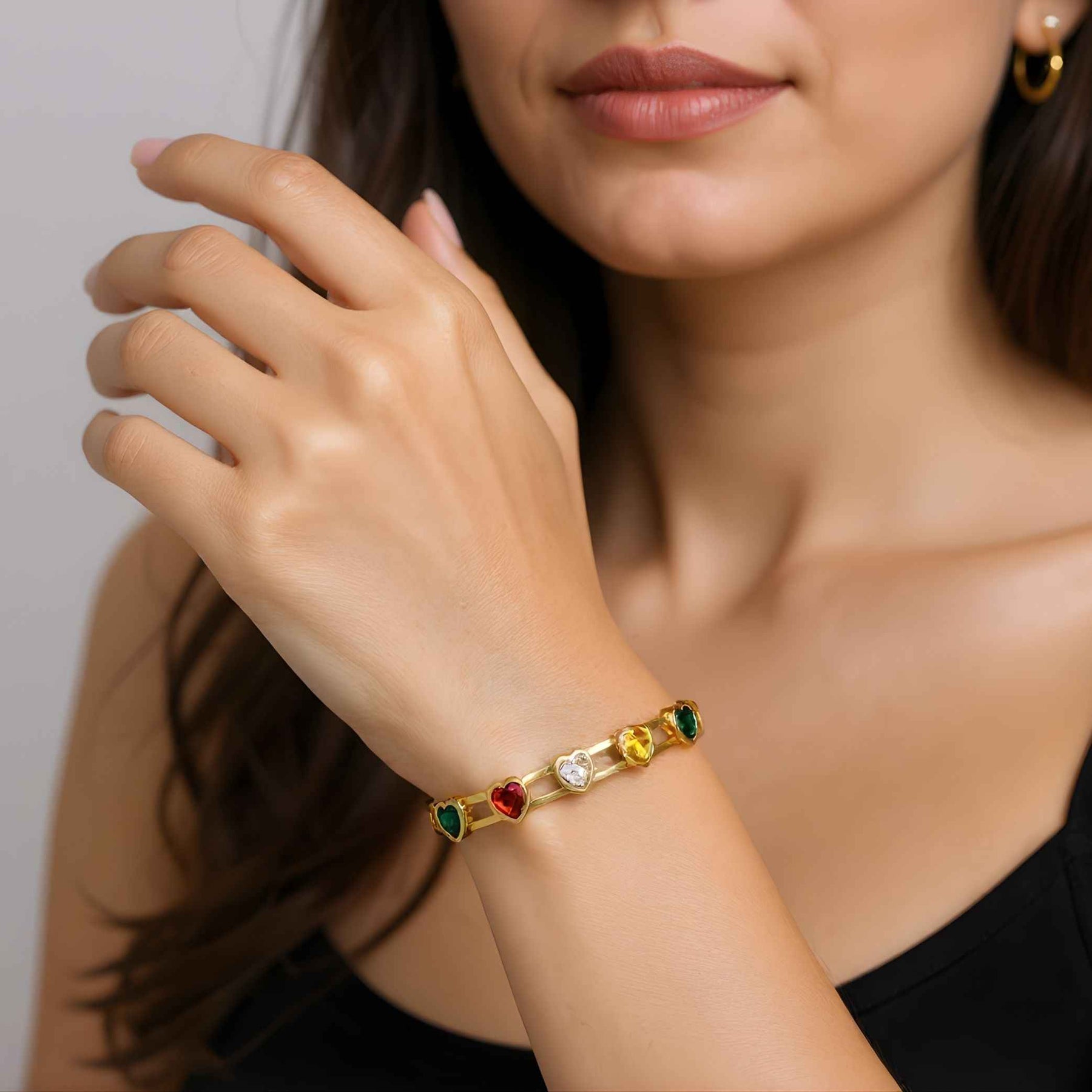 Luxury Heart Gemstone Gold Bracelet for Women | Multicolor Elegant Bangle | Gift for Her