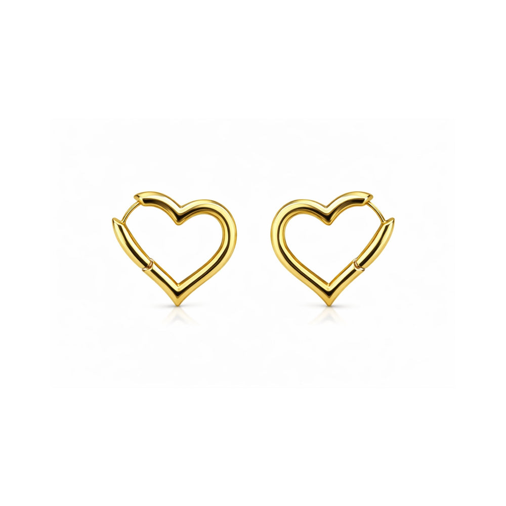 Front view of sleek 18K gold plated hollow heart hoop earrings on a clean white background.