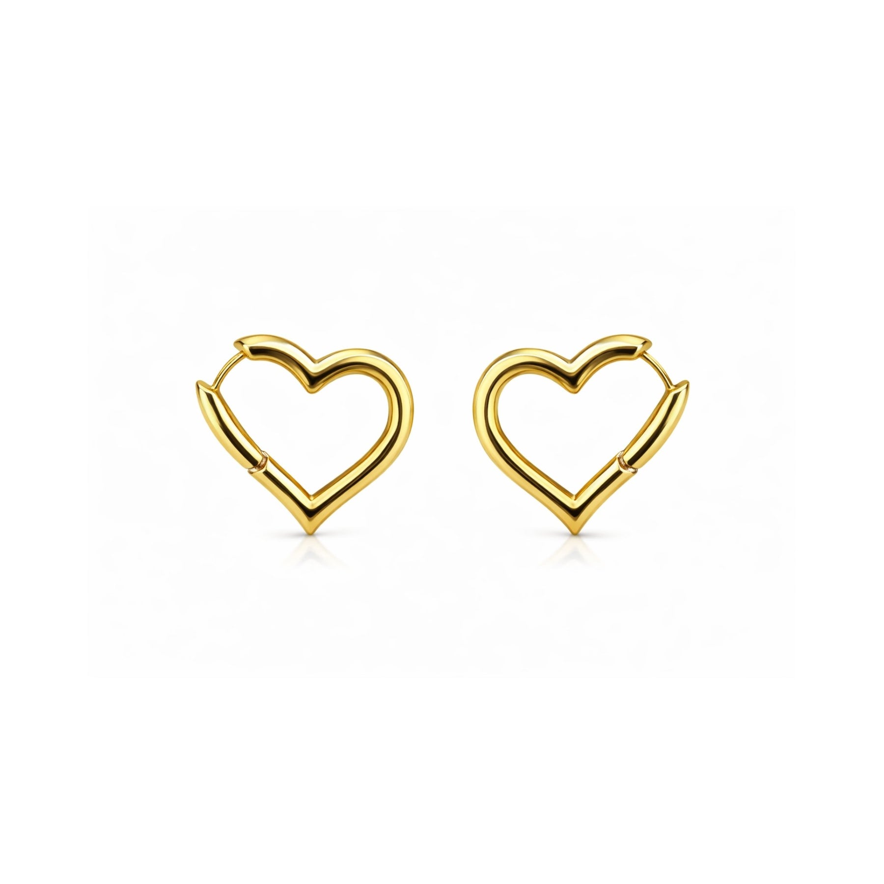 Front view of sleek 18K gold plated hollow heart hoop earrings on a clean white background.