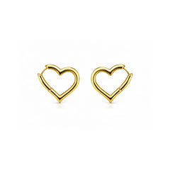 Front view of sleek 18K gold plated hollow heart hoop earrings on a clean white background.