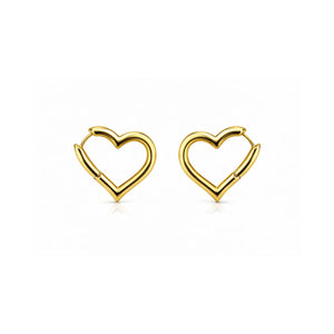 Front view of sleek 18K gold plated hollow heart hoop earrings on a clean white background.