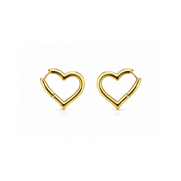 Front view of sleek 18K gold plated hollow heart hoop earrings on a clean white background.