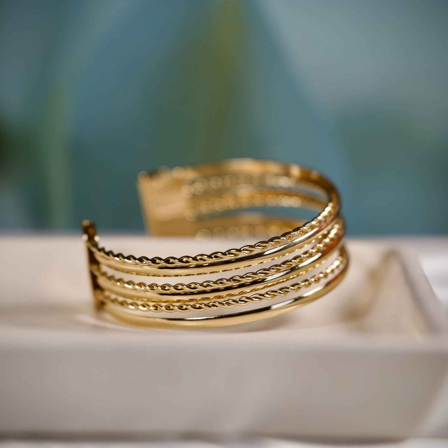 Designer Gold Cuff Bracelet for Women | Premium Multi-Line Layered Kada