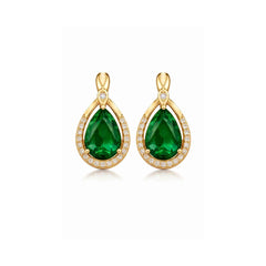 Emerald Empress Drop Earrings – Gold-Tone Pear Cut Halo Studs with Anti-Tarnish Finish