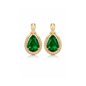 Gold-tone emerald drop earrings with pear-shaped halo design and anti-tarnish finish, elegant women’s earrings by SAJNA SAWARNAA.