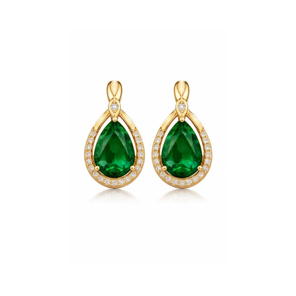 Gold-tone emerald drop earrings with pear-shaped halo design and anti-tarnish finish, elegant women’s earrings by SAJNA SAWARNAA.