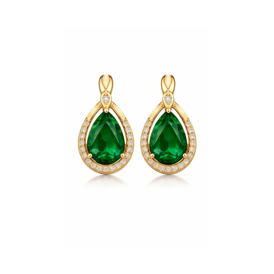 Emerald Empress Drop Earrings – Gold-Tone Pear Cut Halo Studs with Anti-Tarnish Finish