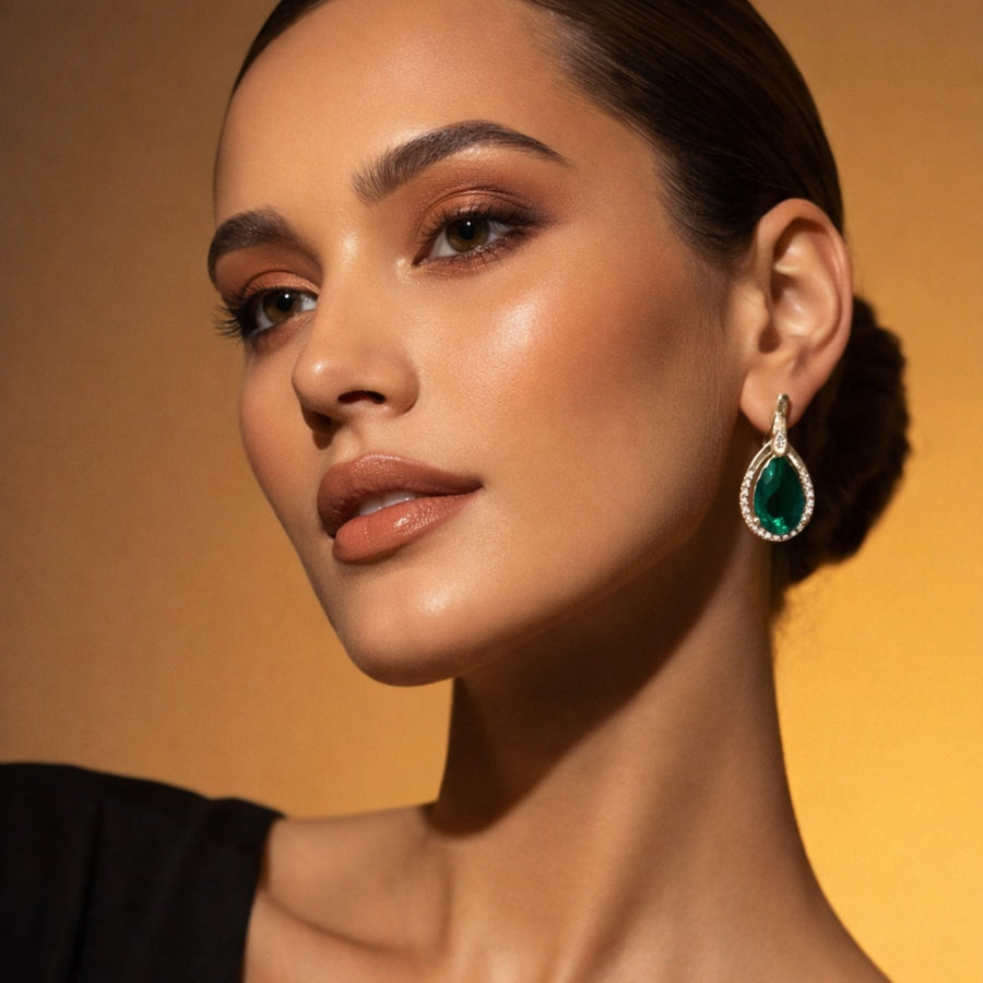 Emerald Empress Drop Earrings – Gold-Tone Pear Cut Halo Studs with Anti-Tarnish Finish