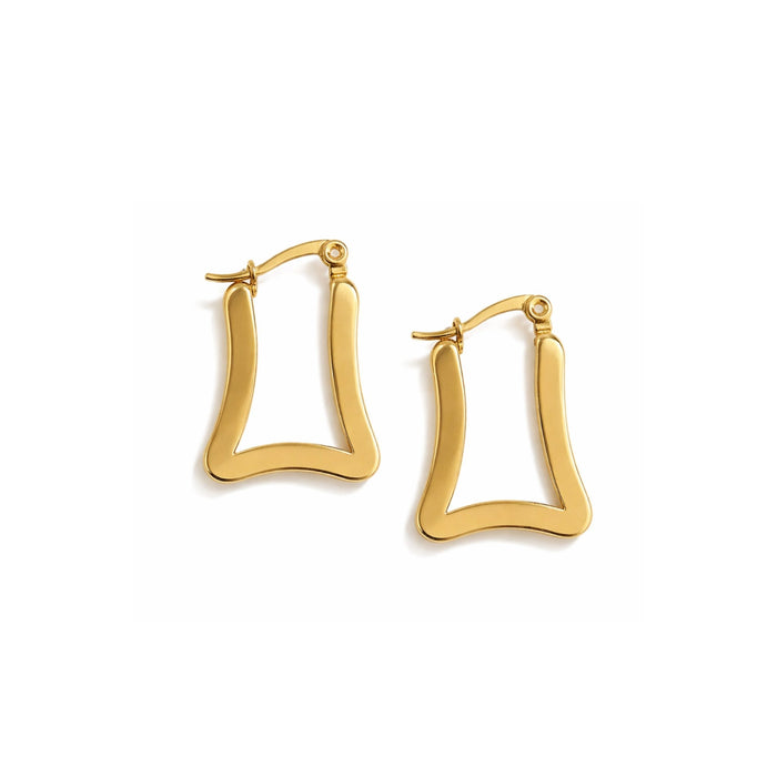 Golden Trapeze geometric hoop earrings – chunky open-frame trapeze shape in 18K gold tone, white background packshot