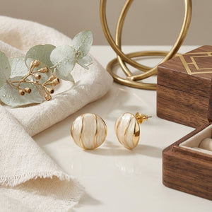 Ivory Pearl Dome Stud Earrings by Sajna Sawarnaa featuring chunky round gold ridges, anti-tarnish Korean jewelry for women