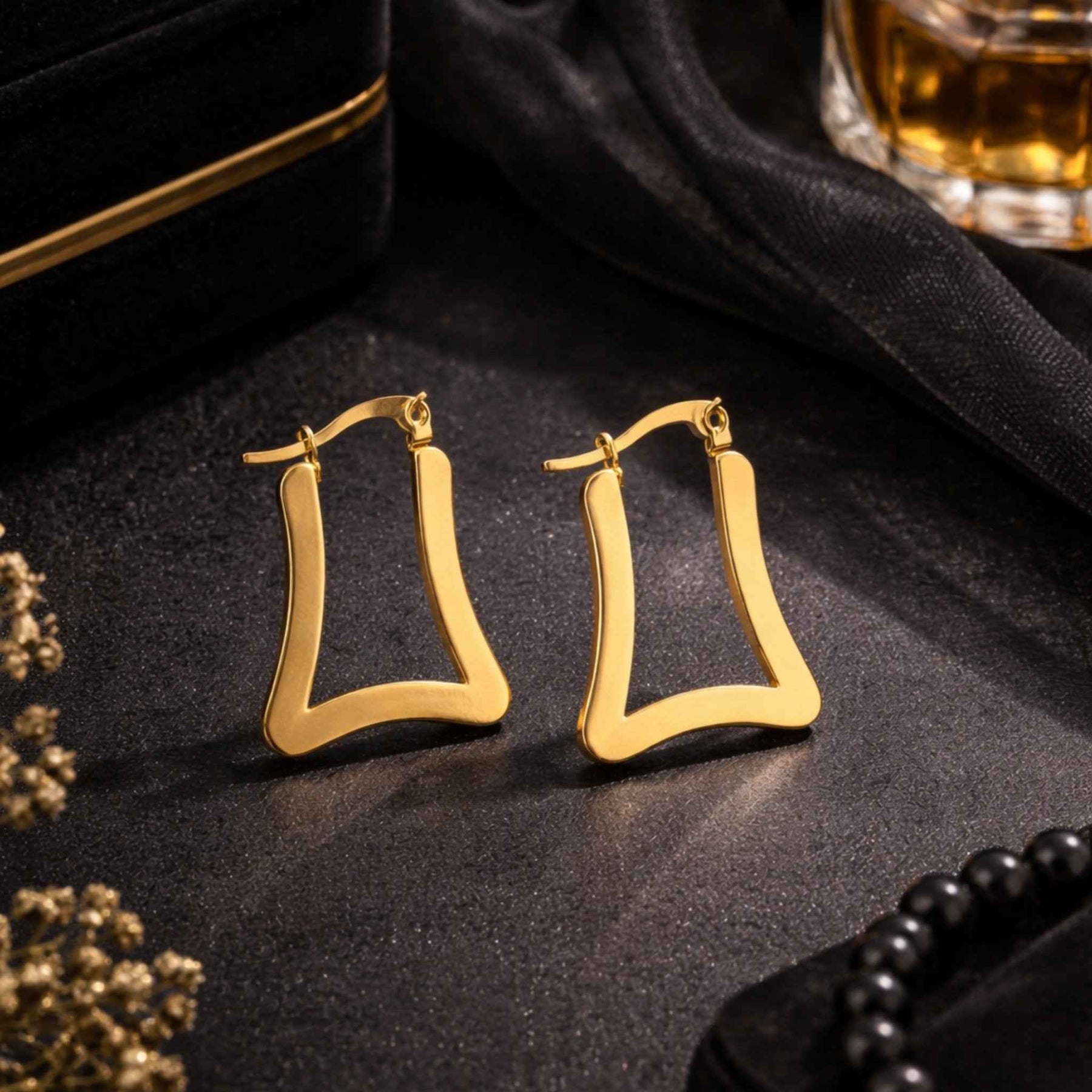Golden Trapeze Hoop Earrings – Geometric Statement Hoops with Anti-Tarnish Gold Finish