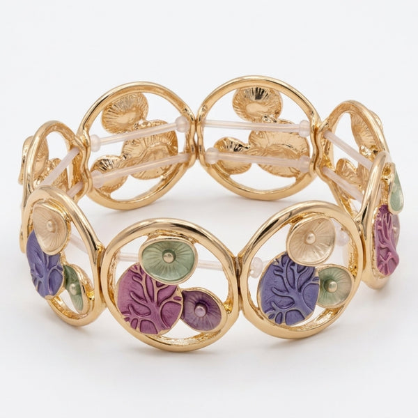 Gold floral enamel circle bracelet by SAJNA SAWARNAA, featuring Korean anti-tarnish jewelry design with colorful floral accents.