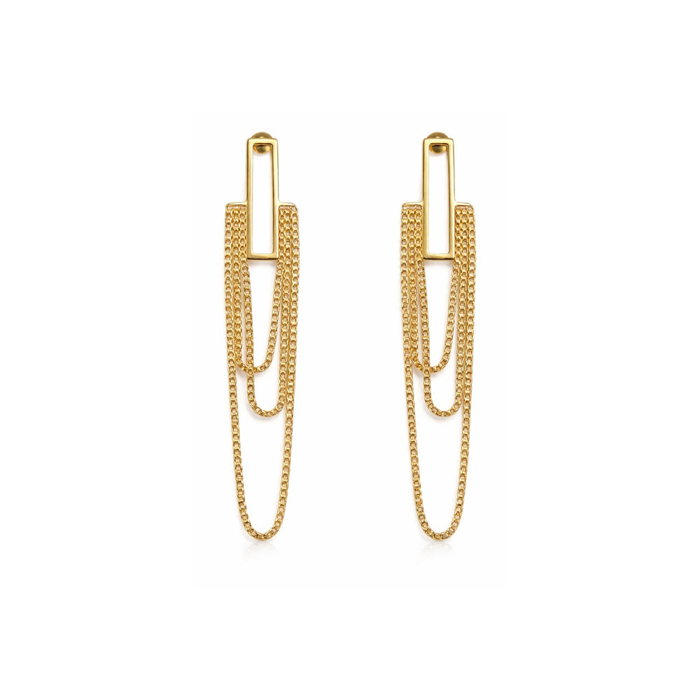 Gold-tone rectangle bar multi-layer drape chain drop earrings – white background packshot by Sajna Sawarnaa