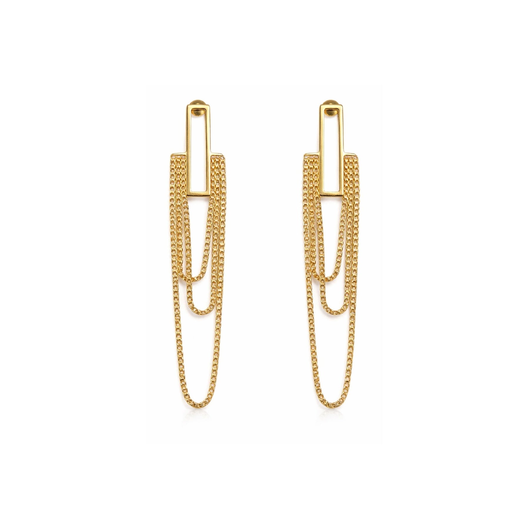 Gold-tone rectangle bar multi-layer drape chain drop earrings – white background packshot by Sajna Sawarnaa