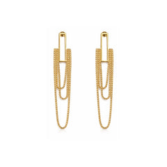 Gold-tone rectangle bar multi-layer drape chain drop earrings – white background packshot by Sajna Sawarnaa