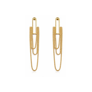 Gold-tone rectangle bar multi-layer drape chain drop earrings – white background packshot by Sajna Sawarnaa