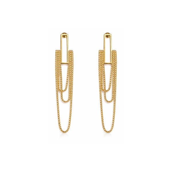 Gold-tone rectangle bar multi-layer drape chain drop earrings – white background packshot by Sajna Sawarnaa