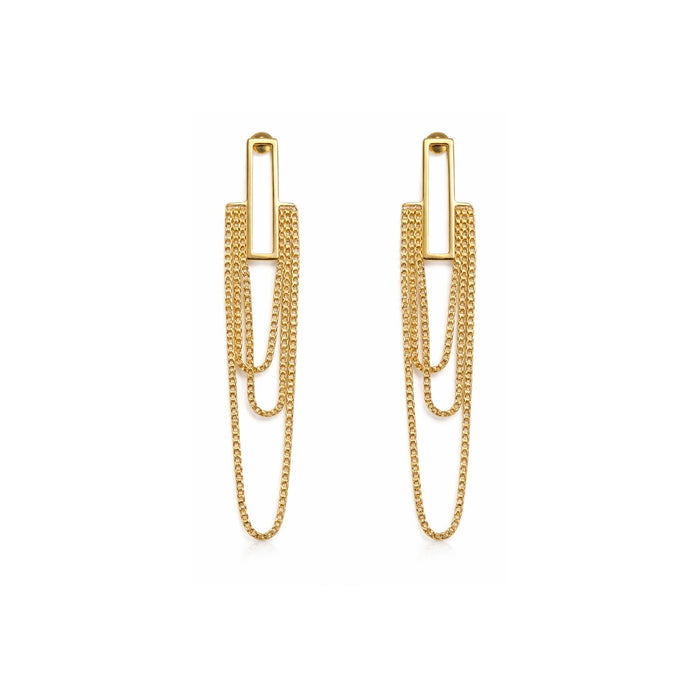 Gold-tone rectangle bar multi-layer drape chain drop earrings – white background packshot by Sajna Sawarnaa
