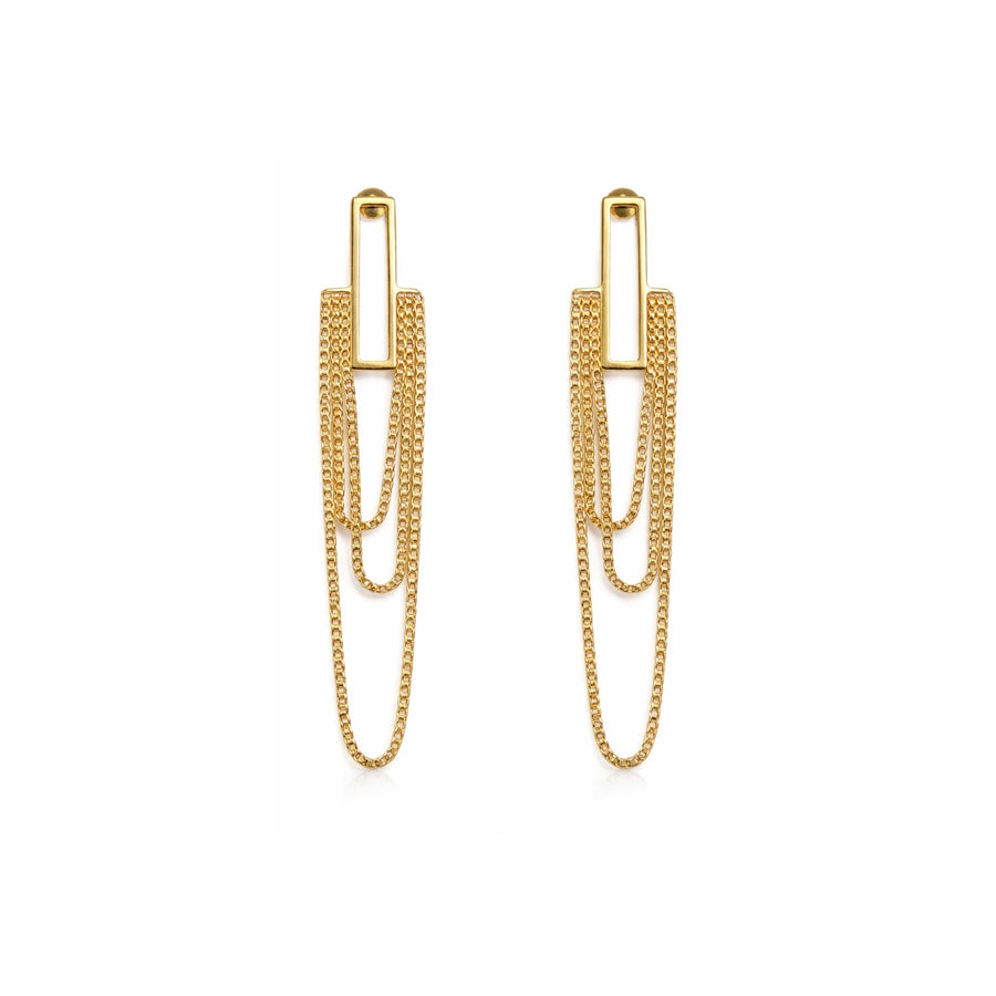 Cascade Chain Drop Earrings – Long Gold-Tone Rectangle Bar with Multi-Layer Drape Chains