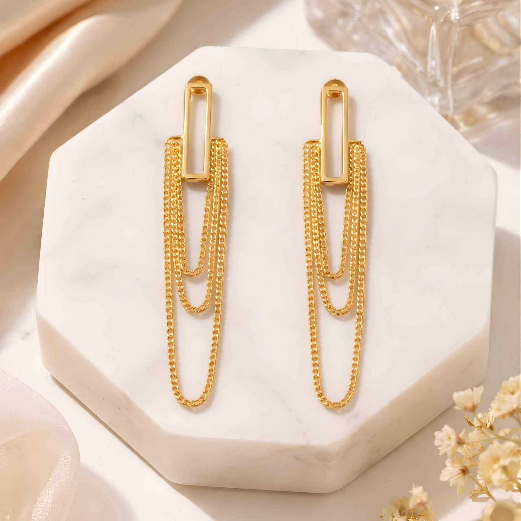 Cascade Chain Drop Earrings – Long Gold-Tone Rectangle Bar with Multi-Layer Drape Chains