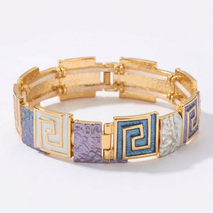 Gold tone Greek key enamel tile bracelet in blue white and lavender – anti-tarnish Korean jewellery by Sajna Sawarnaa
