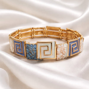 Gold tone Greek key enamel tile bracelet in blue white and lavender – anti-tarnish Korean jewellery by Sajna Sawarnaa