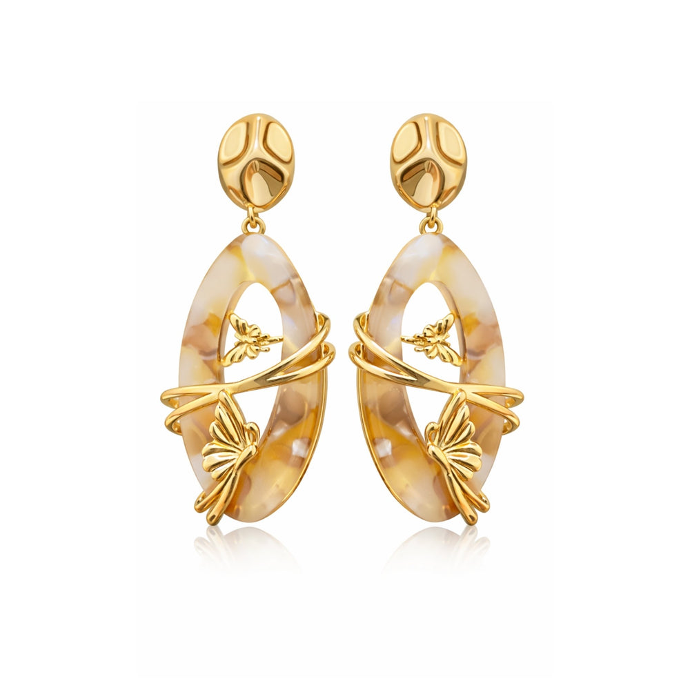     Luxury gold butterfly marble drop earrings on white background with oval resin design and glossy finish