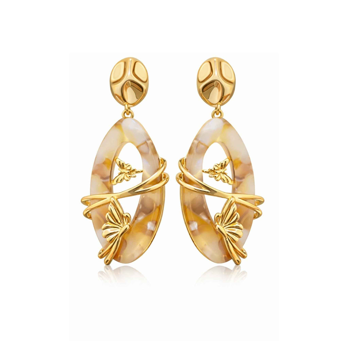 Golden Butterfly Marble Drop Earrings | Elegant Statement Dangles | Anti-Tarnish Korean Jewellery | Sajna Sawarnaa