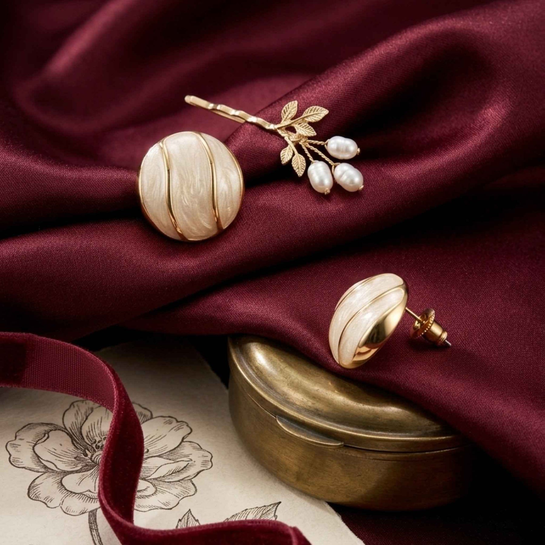 Ivory Pearl Dome Stud Earrings – Chunky Round Gold Ridge Studs | Anti-Tarnish Korean Jewellery | Sajna Sawarnaa