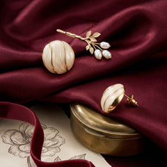 Ivory Pearl Dome Stud Earrings – Chunky Round Gold Ridge Studs | Anti-Tarnish Korean Jewellery | Sajna Sawarnaa