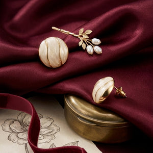 Ivory pearl dome stud earrings by Sajna Sawarnaa, chunky round gold ridge design, women's jewelry, anti-tarnish Korean earrings