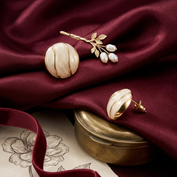 Ivory pearl dome stud earrings by Sajna Sawarnaa, chunky round gold ridge design, women's jewelry, anti-tarnish Korean earrings