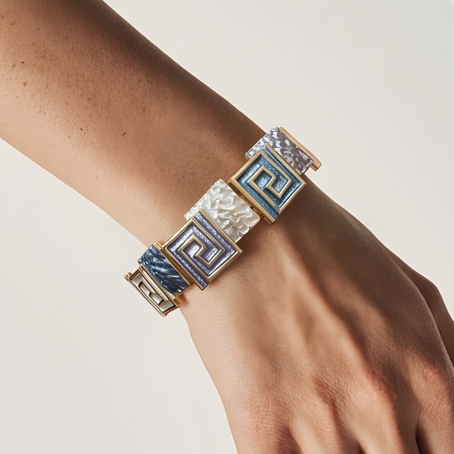 Greek Key Enamel Gold Bracelet – Blue & White Tile Link | Anti-Tarnish Korean Jewellery | Sajna Sawarnaa