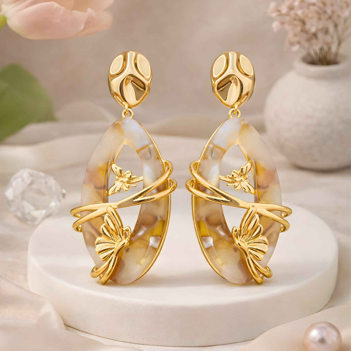 Golden Butterfly Marble Drop Earrings | Elegant Statement Dangles | Anti-Tarnish Korean Jewellery | Sajna Sawarnaa