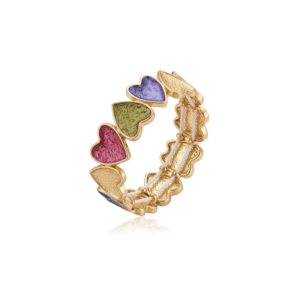 Multicolour enamel heart bracelet for women with pastel rainbow design, gold tone stretch band, Korean jewelry by Sajna Sawarnaa