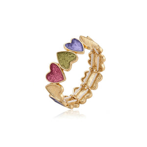 Multicolour enamel heart bracelet for women with pastel rainbow design, gold tone stretch band, Korean jewelry by Sajna Sawarnaa