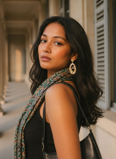 Woman wearing gold butterfly marble statement earrings in warm outdoor fashion portrait close-up | Sajna Sawarnaa