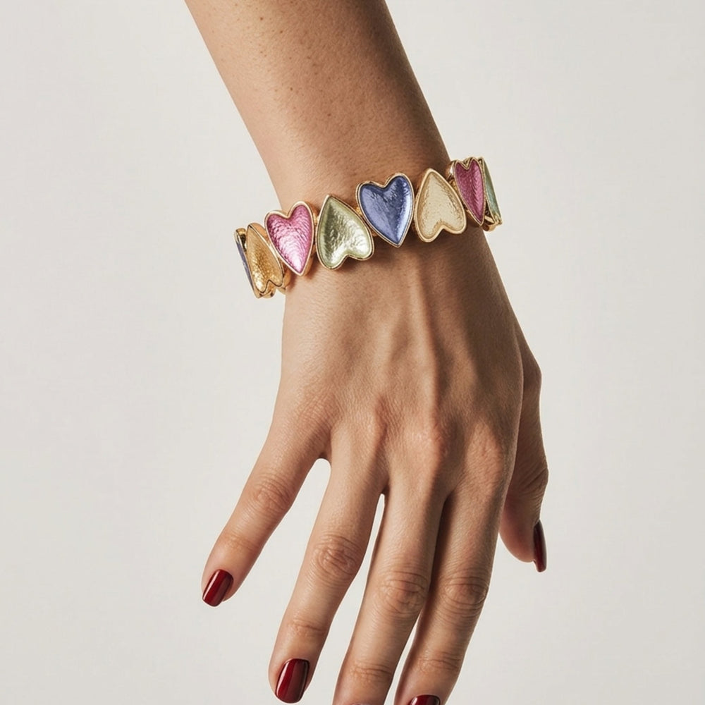 Multicolour enamel heart bracelet for women with pastel rainbow design, gold tone stretch band, Korean jewelry by Sajna Sawarnaa